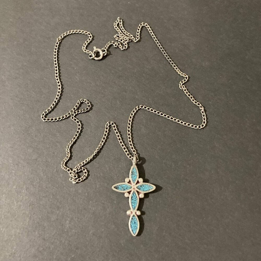 Turquoise Inlay Silver Tone Cross Pendant Necklace